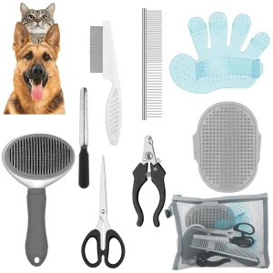 9pcs Dog Grooming Kit Self-Cleaning Nail Finger Brush Shedding Brush Flea Comb Nail Clippers & File Pet Beauty Set, With Adjustable Strap Scissors, Suitable For Pets Grey