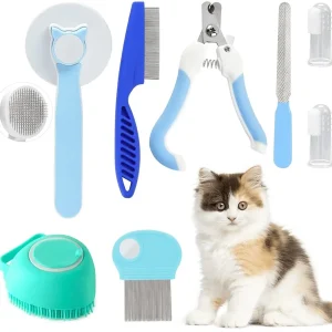 8pcs Cat Grooming Kit, Includes Pet Nail Clippers And Files, Flea Comb, Pet Shampoo Bath Brush, Grooming Glove, Silicone Toothbrush Blue