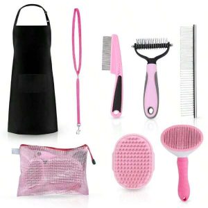 Pet Grooming Kit For Cats And Dogs, Includes Brush, Grooming Loop, Apron, Professional Pet Grooming Tools Set With Dematting Comb, Nail Clipper, Slicker Brush And Dog Bath Brush Pink