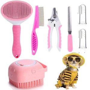 7pcs Cat And Dog Grooming Kit With Pet Nail Clipper And File, Self-Cleaning Pet Brush, Flea Comb, Pet Shampoo Bath Brush, Pet Finger Toothbrush, Storage Bag (Pink) Pink