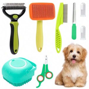 8-Piece Dog Grooming Kit, Pet Self-Cleaning Kit, With Pet Nail Clippers And Files, Flea Comb, Pet Shampoo Brush, Pet Hair Removal Brush, Pet Dematting Comb, Silicone Toothbrush Green