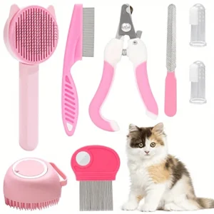 8-Piece Deluxe Cat Grooming Kit: Self-Cleaning, Nail & Fur Care With Dental Essentials For Your Happy, Healthy Pet Pink