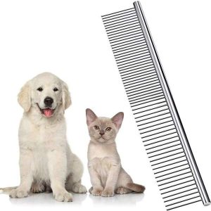 Pet Steel Combs Dog Cat Comb Tool For Removing Matted Fur - Pet Dematting Comb With Rounded Teeth And Non-Slip Grip Handle - Prevents Knots And Mats For Long And Short Haired Pets,6.5IN/7.4IN Multicolor