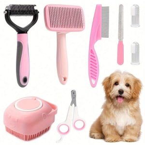 8pcs/set Dog Grooming Kit, Pet Self-cleaning Set With Nail Clippers & File, Flea Comb, Shampoo Brush, Shedding Brush, Dematting Comb, Silicon Toothbrush Pink