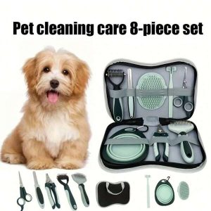 8pcs Pet Grooming & Cleaning Care Tool Kit Set, Includes Cat/Dog Scissors, Dematting Comb, Bathing Brush, Detangler, Pet Bowl, Toothbrush And More Green