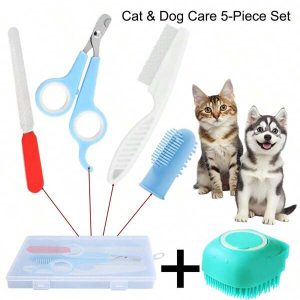 5Pcs Pet Grooming Kit Set: Cat/Dog Nail Clippers, Nail File, Massage Bathing Brush, Soft Silicone Pet Toothbrush, Stainless Steel Cat/Dog Brush Multicolor